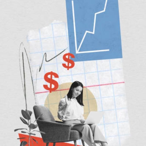 Modern aesthetic artwork. Young woman, freelancer working online from home against creative background with charts and dollar signs. Concept of business development, marketing, strategy planning. Ad